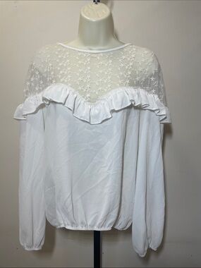 lavender field White Sheer Lace Ruffle Blouse